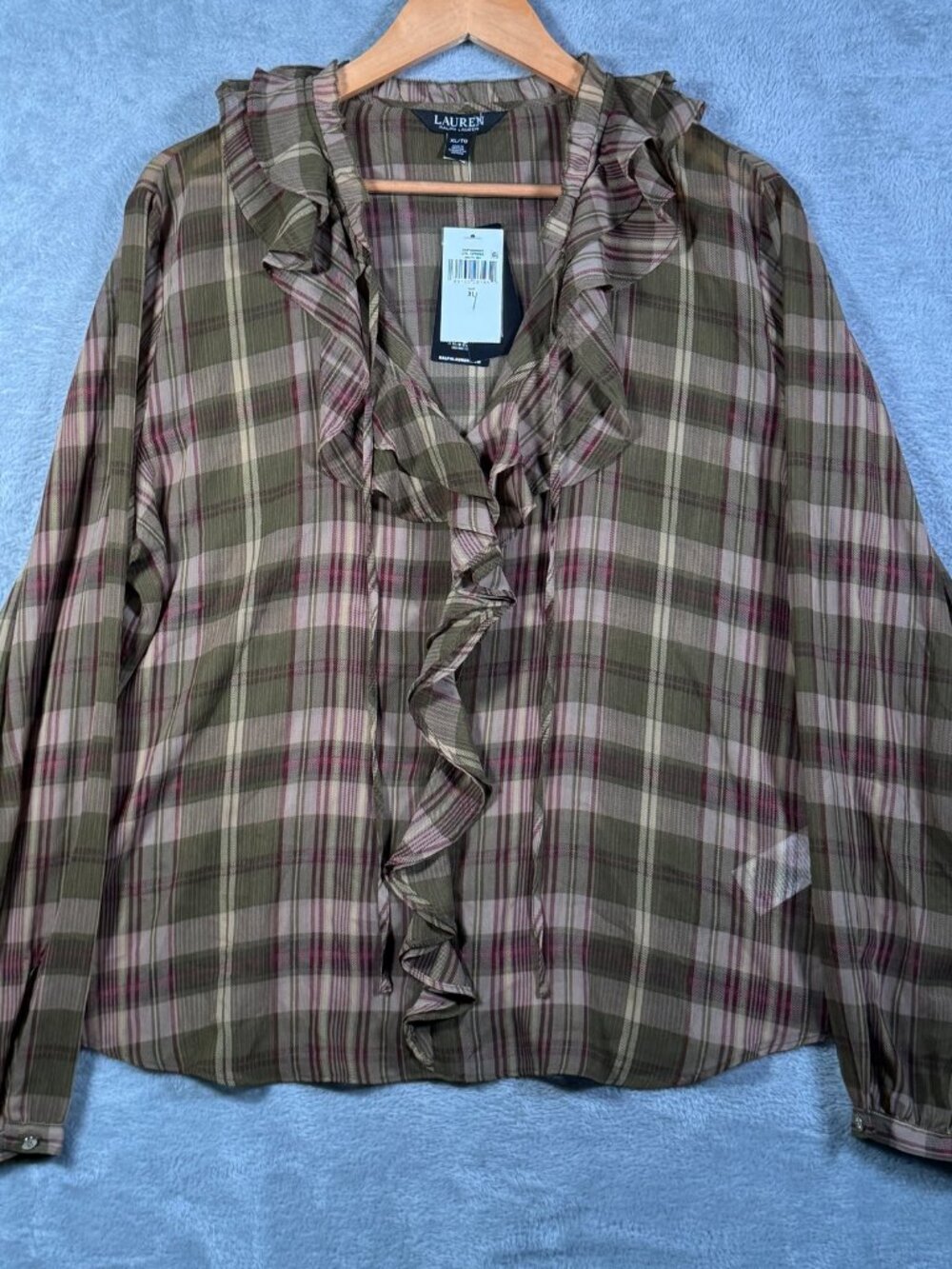 Lauren Ralph Lauren Blouse Womens XL Green Plaid Ruffle Trim Georgette Sheer